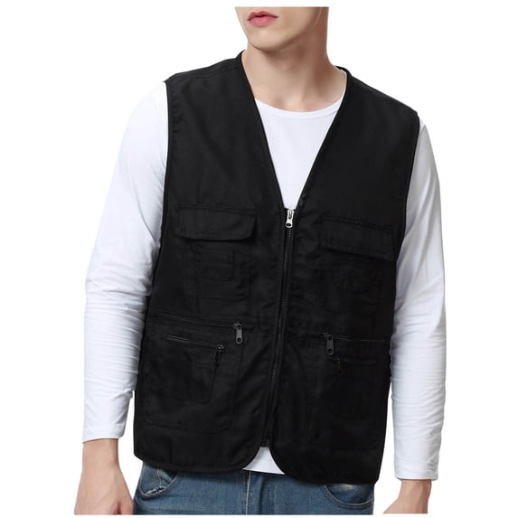 Fewfanhot Men's Utility Vest Zipper Front Fishing Vest with Multiple Pockets Lightweight Outdoor Wear for Hiking Camping Travel Jacket