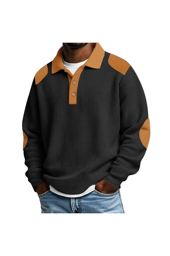 Men's Waffle Knit Contrast Elbow Patch T Shirts, Long Sleeve Henley Button Placket Tops Lightweight Casual Shirts, S-XXL