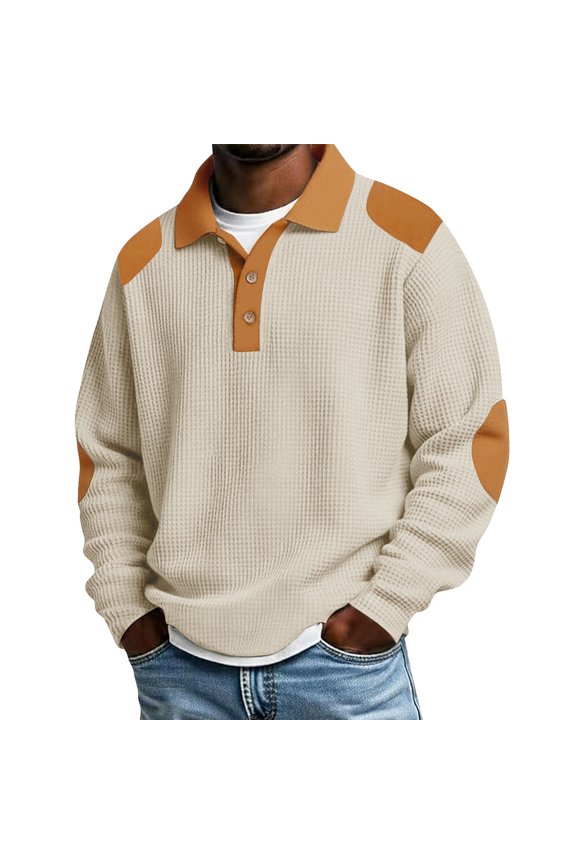 Men's Waffle Knit Contrast Elbow Patch T Shirts, Long Sleeve Henley Button Placket Tops Lightweight Casual Shirts, S-XXL