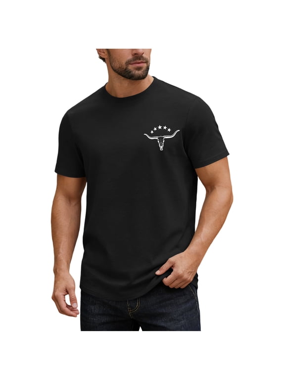Men's Western Longhorn Skull Graphic T-Shirt, Casual Short Sleeve Cotton Tee with Star Detail, Vintage Cowboy Print Top, S-3XL