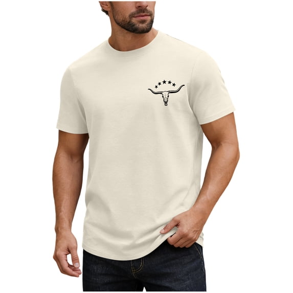 Fewfanhot Men's Western Longhorn Skull Graphic T-Shirt, Casual Short Sleeve Cotton Tee with Star Detail, Vintage Cowboy Print Top, S-3XL