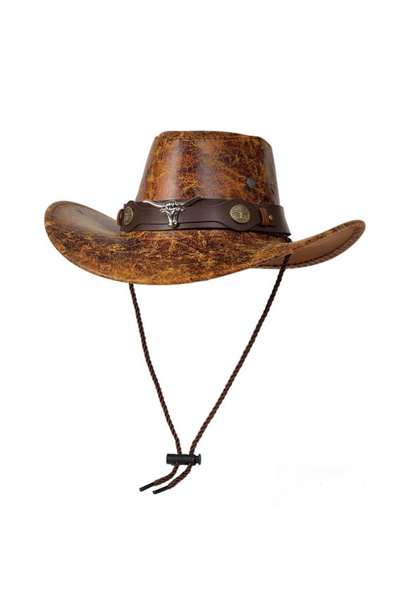 Men's & Women's Faux Leather Cowboy Hat with Brown Bull Head Band, Adjustable Chin Strap Wide Brim Western Hat for Theme Party and Outdoor Activities