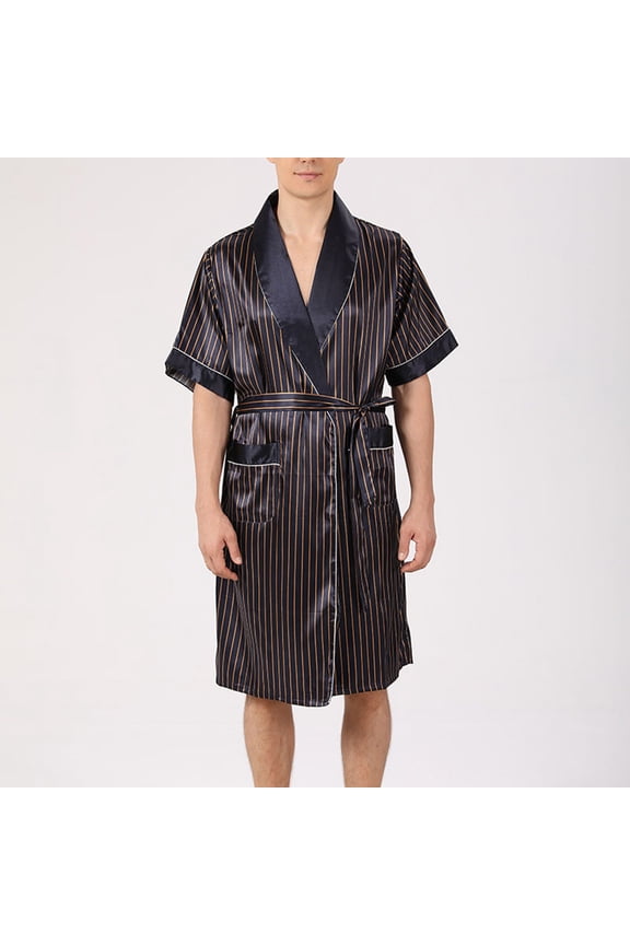 Mens Large Robe, Cardigen Short Sleeve Robe V-Neck Waist Tie Knee-Length Solid Color Bathrobe Pajama with Pockets