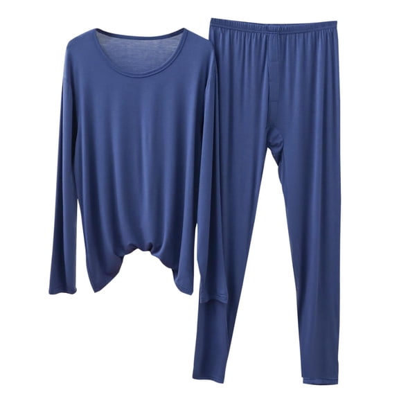 Fewfanhot Mens Pajamas Long Sleeve Loose Solid Color Thermal Long Pant Sleepwear and Loungewear Pjs
