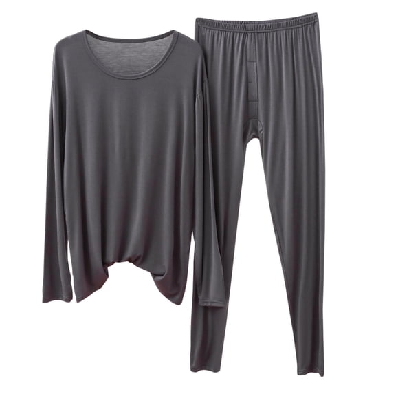 Fewfanhot Mens Pajamas Long Sleeve Loose Solid Color Thermal Long Pant Sleepwear and Loungewear Pjs