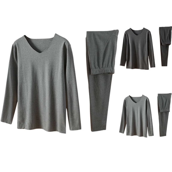 Fewfanhot Mens Pajamas Set Long Sleeve Loose Solid Color Thermal Long Pant Sleepwear and Loungewear Pjs