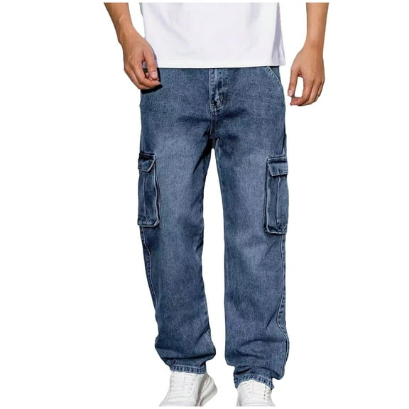 Fewfanhot Mens Pants Slim Fit Cargo Jeans Straight Leg Streetwear Denim Work Pants with Flap Pockets
