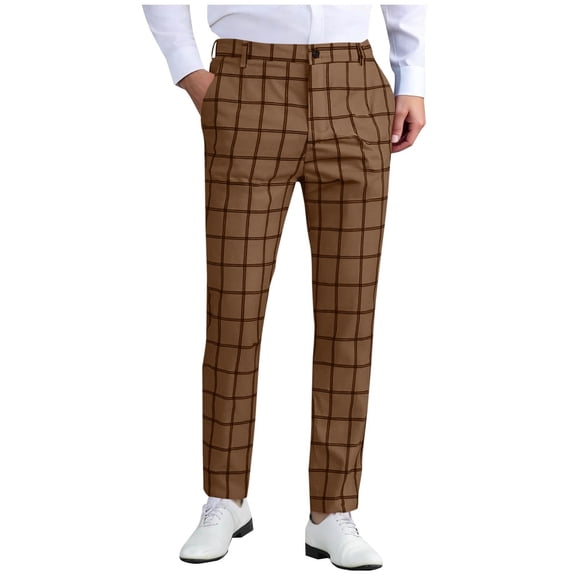 Fewfanhot Mens Pants Stretch Dress Pants Slim Fit Plaid Skinny Long Pants Casual Business Golf Dress Pants