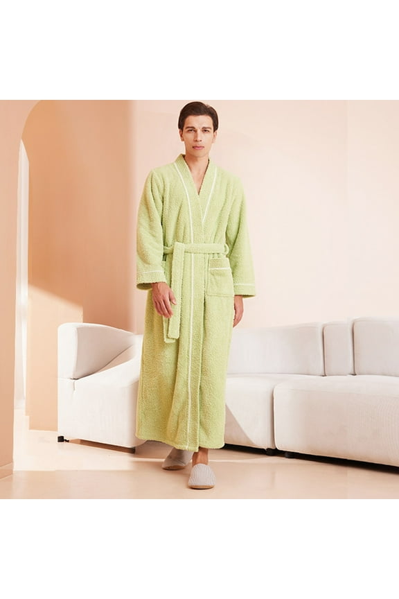 Mens Robe, Plush Fleece Cardigen V-Neck Long Robe for Women & Men Knee-Length Waist Tie Solid Color Bathrobe with Pockets