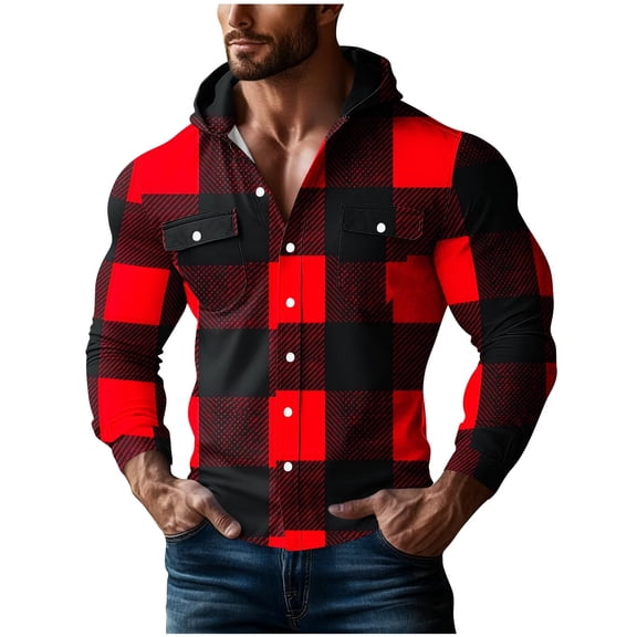 Fewfanhot Mens Shirt Fall Casual Button Plaid Shirt Stylish Long Sleeve Plaid Hoodie with Pocket