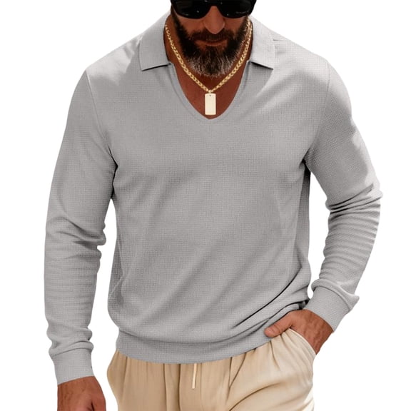 Fewfanhot Mens Shirts Casual V Neck Sweater Knitted Waffle Long Sleeve Pullover Blouses Shirts