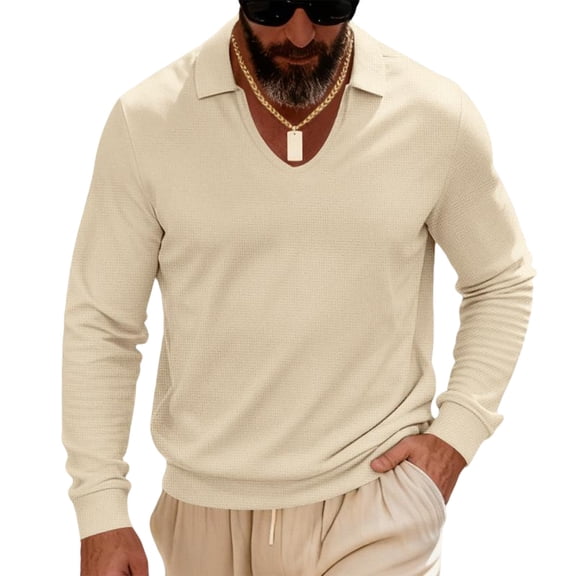Fewfanhot Mens Shirts Casual V Neck Sweater Knitted Waffle Long Sleeve Pullover Blouses Shirts