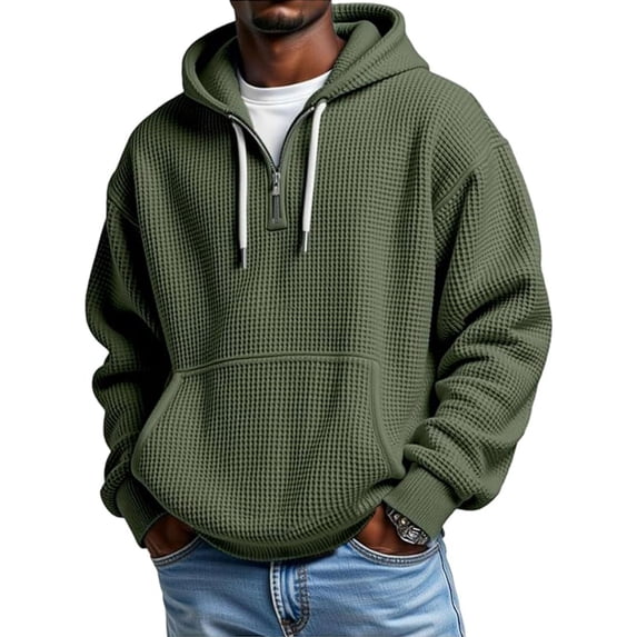 Fewfanhot Mens Sweatshirt Pullover Quarter Casaul Long Sleeve Drawstring Waffle Knit Hooded Sweatshirt With Pocket