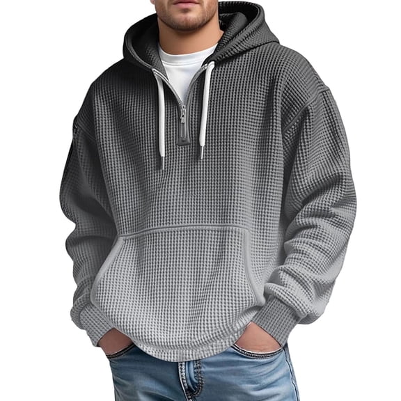Fewfanhot Mens Sweatshirt Pullover Quarter Casaul Long Sleeve Drawstring Waffle Knit Hooded Sweatshirt With Pocket