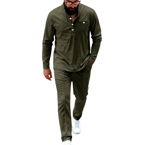 Fewfanhot Mens Sweatsuit 2 Piece Set Casual Round-Neck Button Stand-Up Collar Long Sleeve Shirt Pants Tracksuit Loungewear Athletic Jogger Sweatsuit