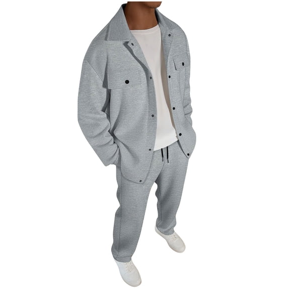 Fewfanhot Mens Sweatsuit Button Down Jacket Matching Cargo Sweatpants Set with Pockets Loose Athletic 2 Piece Outfits