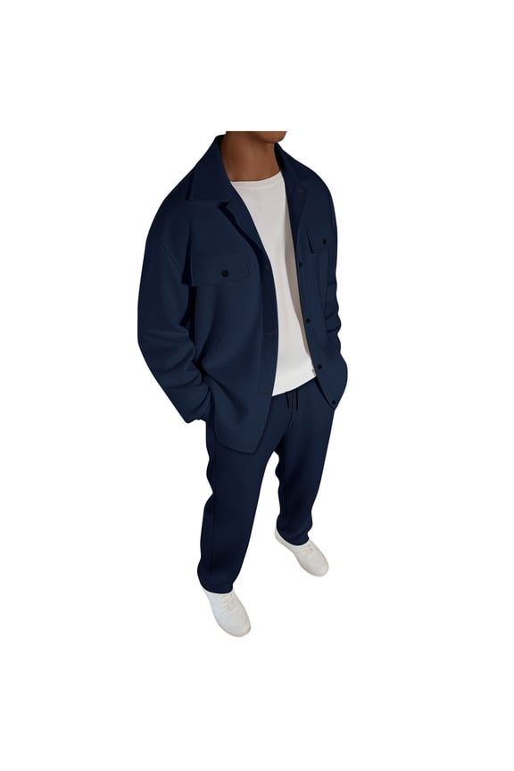 Mens Sweatsuit Button Down Jacket Matching Cargo Sweatpants Set with Pockets Loose Athletic 2 Piece Outfits