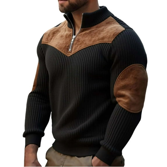Fewfanhot Mens T Shirts Pullover Quarter Zip Vintage Textured Lapel Sweatshirts Fall Winter Long Sleeve Sport Tops with Elbow Patch