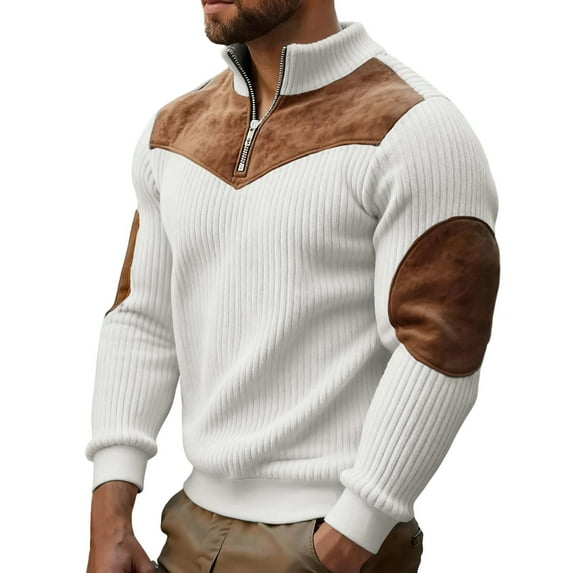 Fewfanhot Mens T Shirts Pullover Quarter Zip Vintage Textured Lapel Sweatshirts Fall Winter Long Sleeve Sport Tops with Elbow Patch