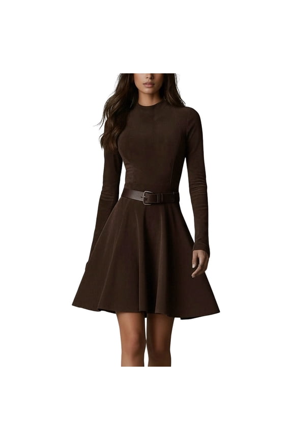 Midi Dresses for Women Long Sleeve Mini Dress Spring Crewneck Knit Pleated Babydoll A Line Casual Short Party Dresses