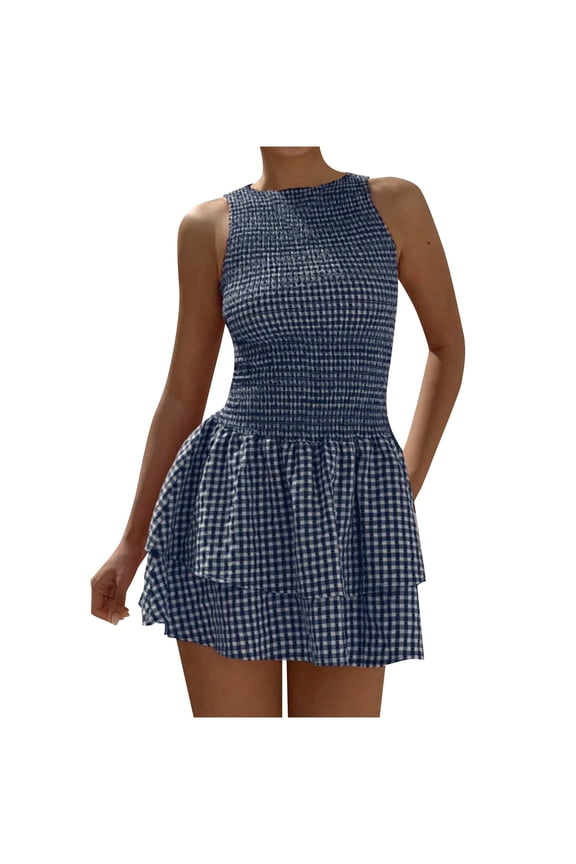 Midi Dresses for Women Summer Plaid Mini Dress Versatile Checkered Sleeveless Puff Dress A Line Beach Sundress with Pockets