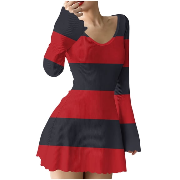 Fewfanhot Midi Dresses for Women Sweater Dresses Long Sleeve Color Block A Line Mini Dress Fall Spring Party Outfits