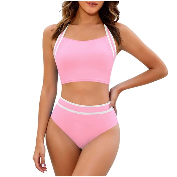Fewfanhot Modest Swimsuits for Women High Waisted Bikini Sets Sporty Two Piece Swimsuits Color Block High Cut Bathing Suits