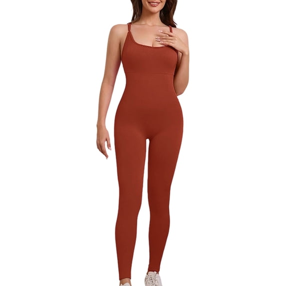 Fewfanhot One Piece Jumpsuit for Women Sleeveless Spaghetti Strap Full Length High Waist Tummy Control Stretch Workout Bodysuit