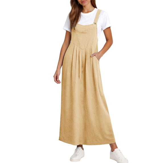 Fewfanhot Overall Dresses for Women Vacation Loose Linen Dress with Pockets A Line Spaghetti Strap Lounge Beach Dress