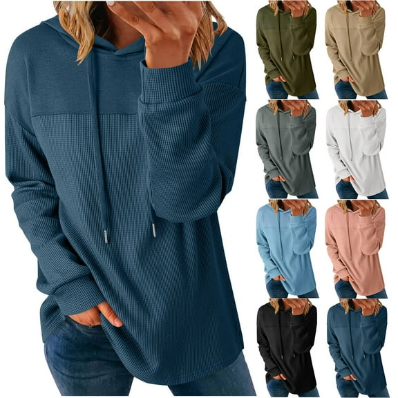 Fewfanhot Oversized Sweatshirt for Women Casual Waffle Knit Long Sleeve Drawstring Pullover Sweatshirts Lightweight Hooded Tops