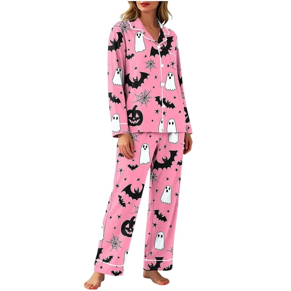 Fewfanhot Pajama Sets for Women 2 Piece Halloween Long Sleeve Sleepwear Soft Loungewear Two Piece Button Down Pjs Lounge Set