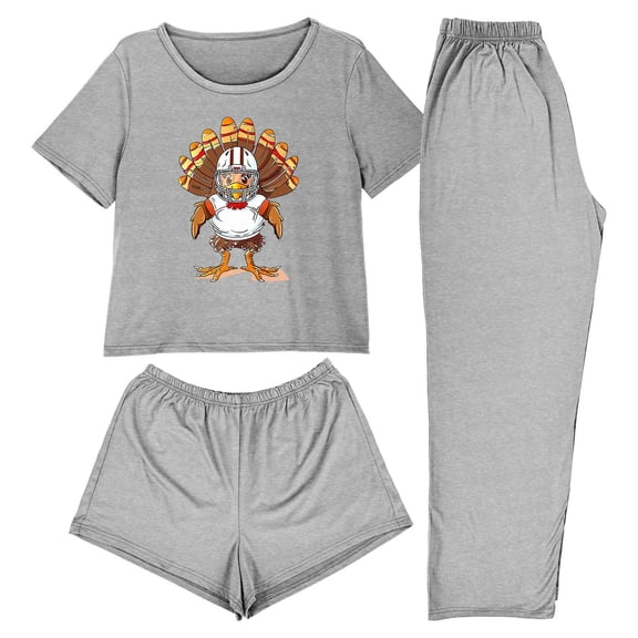 Fewfanhot Pajamas for Women Set 3 Piece Cute Thanksgiving Turkey Print Pajama Set Short Sleeve Tee Lounge Shorts and Pants Sleepwear