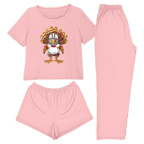 Fewfanhot Pajamas for Women Set 3 Piece Cute Thanksgiving Turkey Print Pajama Set Short Sleeve Tee Lounge Shorts and Pants Sleepwear