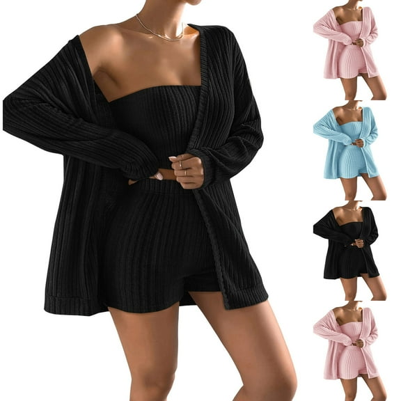 Fewfanhot Pajamas for Women Set 3 Piece Loungewear Set, Black, Tube Top with Shorts and Long Cardigan