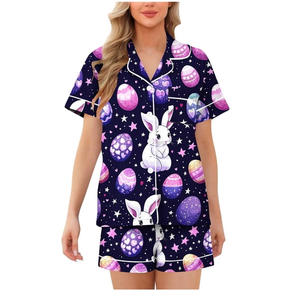 Fewfanhot Pajamas for Women Set Short Sleeve Top and Shorts Loungewear 2 Pcs Set Button Down Sleepwear