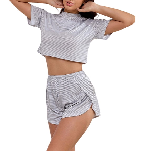 Fewfanhot Pajamas for Women Set Shorts Striped Print Two Piece Lounge Sets Crew Neck Sleepwear Split Shorts Set Soft Pjs