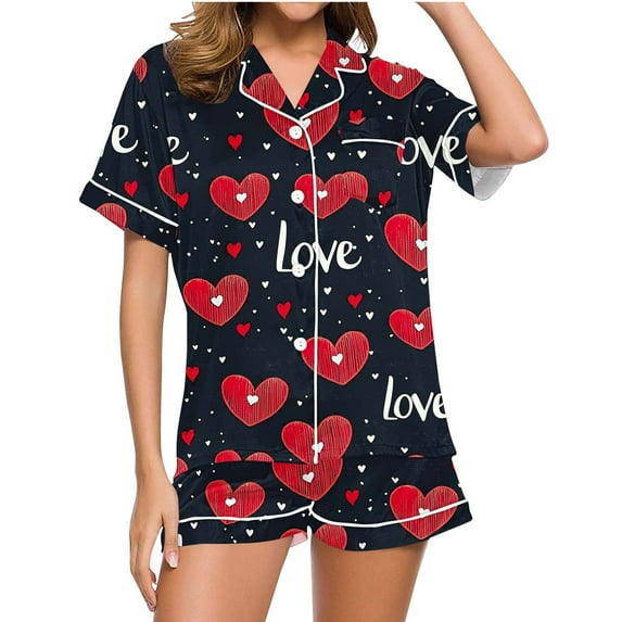 Fewfanhot Pajamas for Women Set Silk Satin Pajama Set Print Short Sleeve Sleepwear Button Down Pjs Shorts Set Loungewear