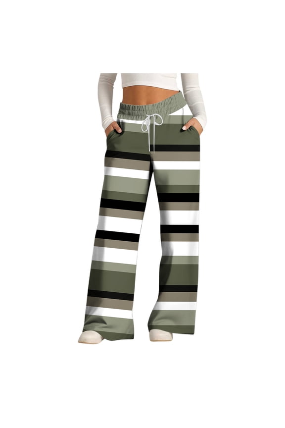Pants for Women Flare Leggings Cute Stripe Print Stretchy Wide Leg Loose Casual Pocket Pants