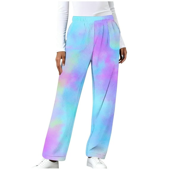Fewfanhot Pants for Women Gradient Printed Wide Leg Pants Patched Elastic Waist Casual Loose Trousers
