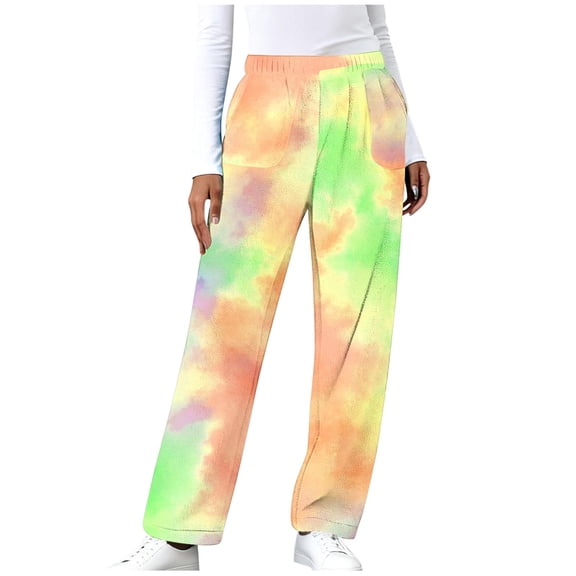 Fewfanhot Pants for Women Gradient Printed Wide Leg Pants Patched Elastic Waist Casual Loose Trousers