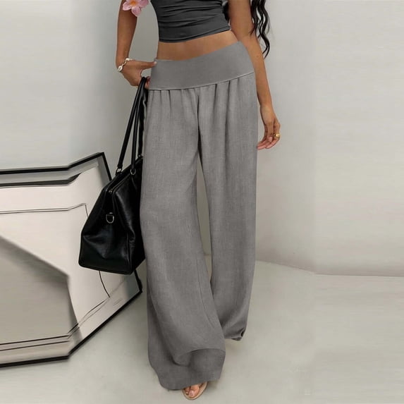 Fewfanhot Pants for Women Wide Leg Linen Pants Low Rise Foldover Casual Lounge Pants Vacation Trousers