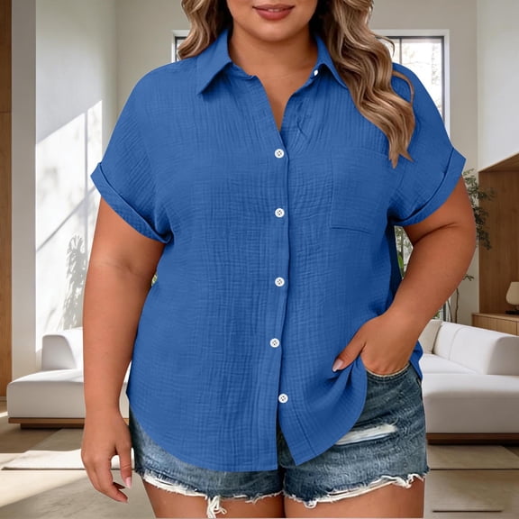 Fewfanhot Plus Size Clothes for Women Button Down Shirts Short Sleeve Loose Collared V Neck Tunics Summer Tops Work Casual Business Blouses