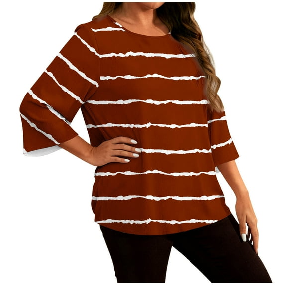 Fewfanhot Plus Size Clothes for Women Color Block Casual Tops Fall Outfits Basic Tees Trendy Clothes Long Sleeve Shirts for Women