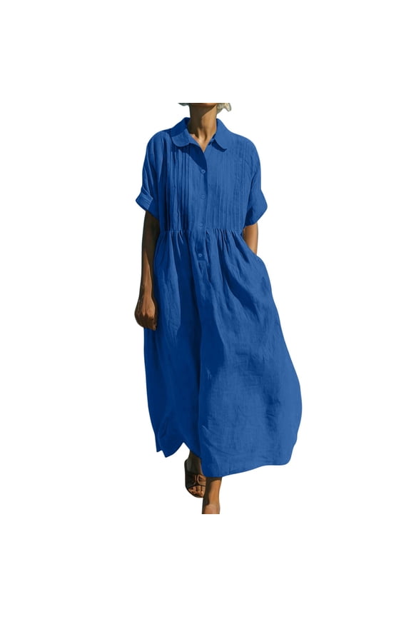 Plus Size Dresses Casual Striped Button Down Pleated Shirt Maxi Dress Summer Lapel V Neck Short Sleeve Empire Waist Long Dress