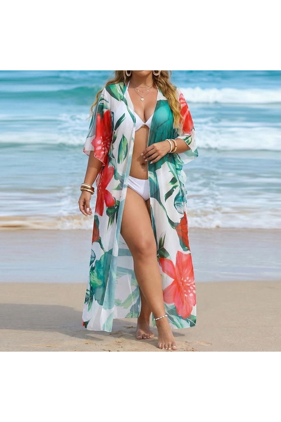 Plus Size Floral Print Chiffon Kimono Cover Up, Three Quarter Sleeve Open Front Maxi Side Slit Beach Wrap