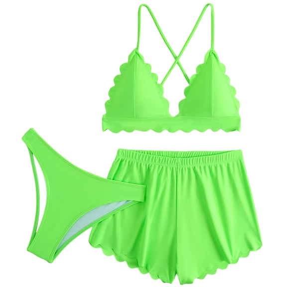 Fewfanhot Plus Size Swimsuit for Women 3 Piece Bathing Suit Tiered Ruffled Contrast Trim Adjustable Straps Swimwear