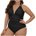 thumbnail image 1 of Fewfanhot Plus Size Women's Black Halter Neck One Piece Swimsuit, Deep V Neck with Ruched Tummy Control, Modest Shaper Bathing Suit for Beach Pool Party, L-4XL, 1 of 6