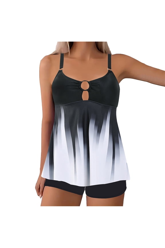 Plus Size Women's Tankini Bikini Set, Two Piece with Chest Cutout & High Waist Shorts Tummy Control Modest Swimsuit for Beach and Pool