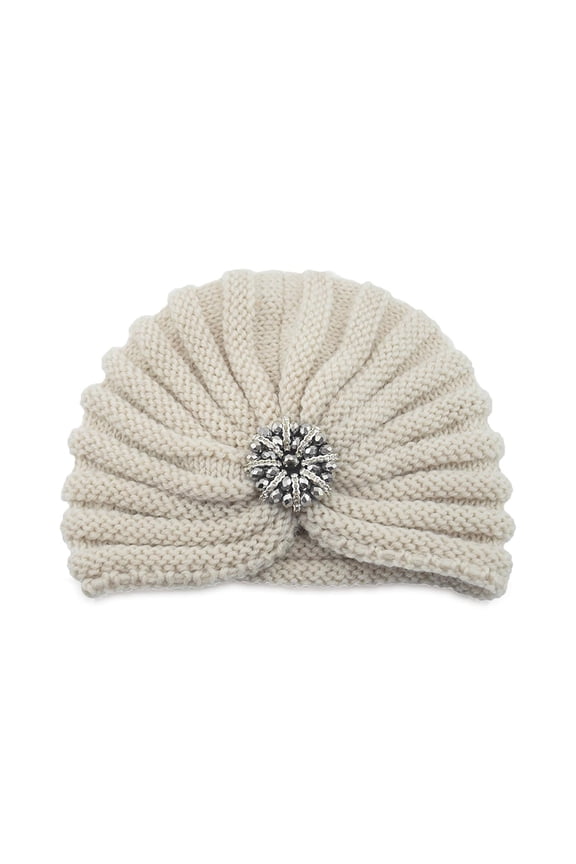 Ribbed Knit Turban Head Wrap, Rhinestone Floral Decor Stretch Beanie Hat for Women Daily chemo Hair Cover