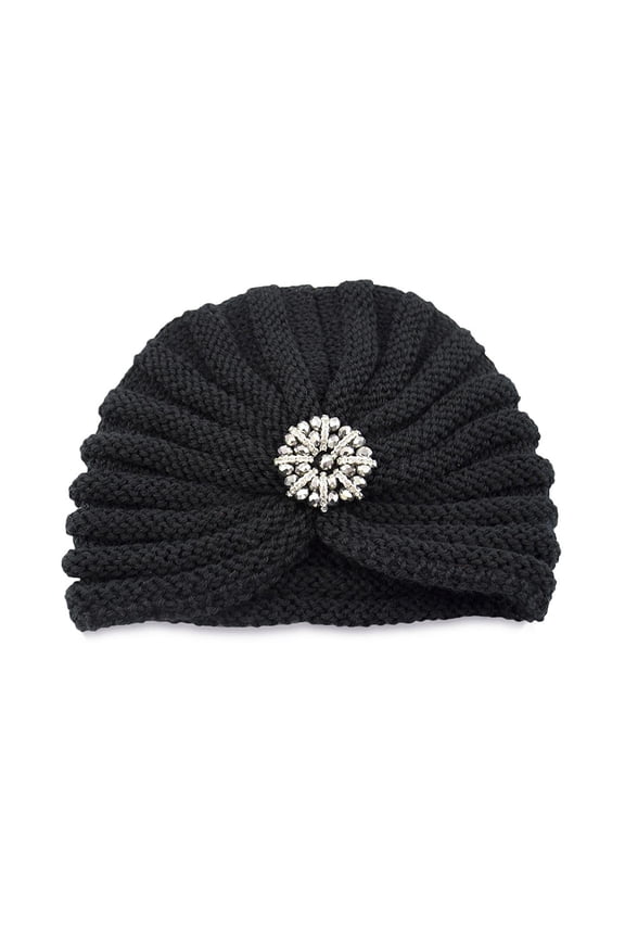 Ribbed Knit Turban Head Wrap, Rhinestone Floral Decor Stretch Beanie Hat for Women Daily chemo Hair Cover